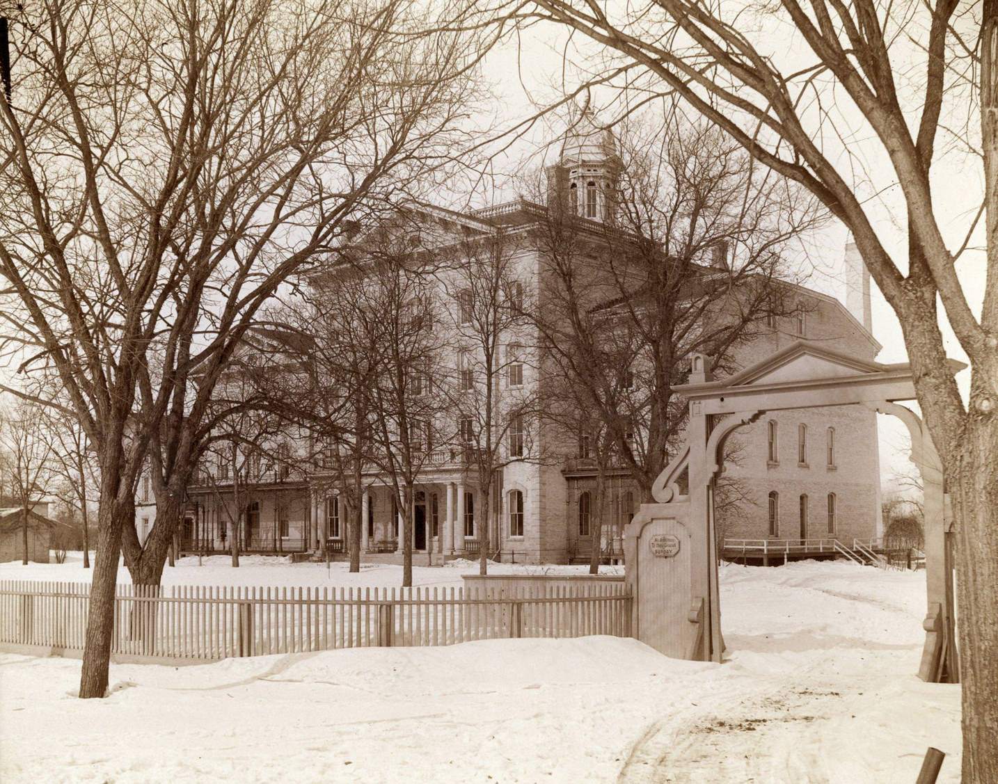 Exterior view in winter of the Wisconsin School for the Blind, Janesville, Wisconsin, 1893.