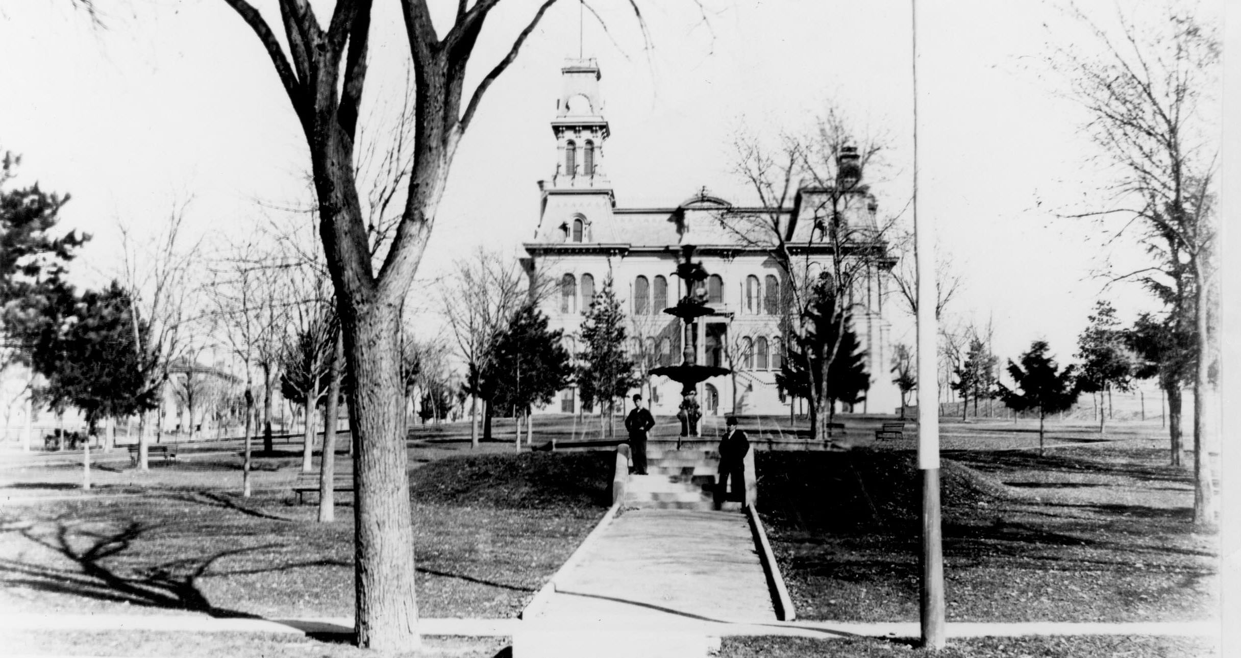 Rock County Courthouse in Janesville is taken from a street in winter, 1890.