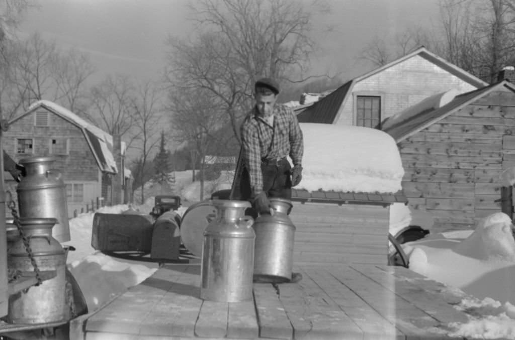 Farmer Bringing Cans of Milk to Crossroads Early in Morning Vermont, March 1940