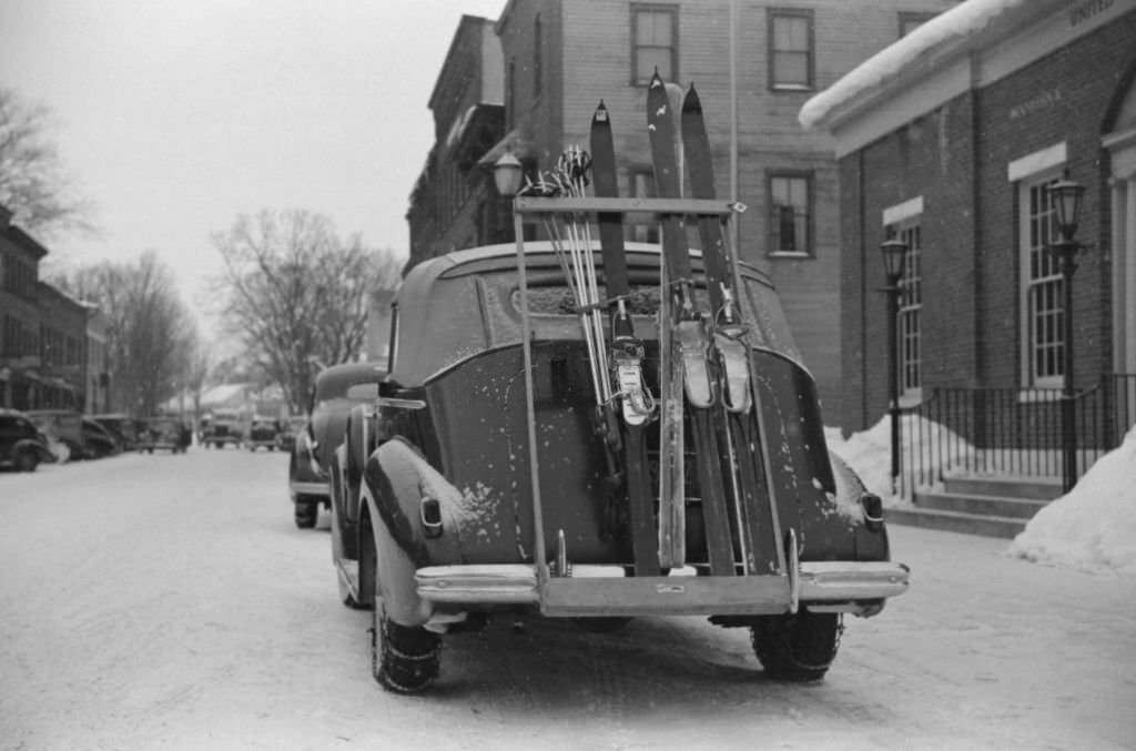 Skis on Ski Rack attached to Car Trunk, Woodstock, Vermont, March 1940