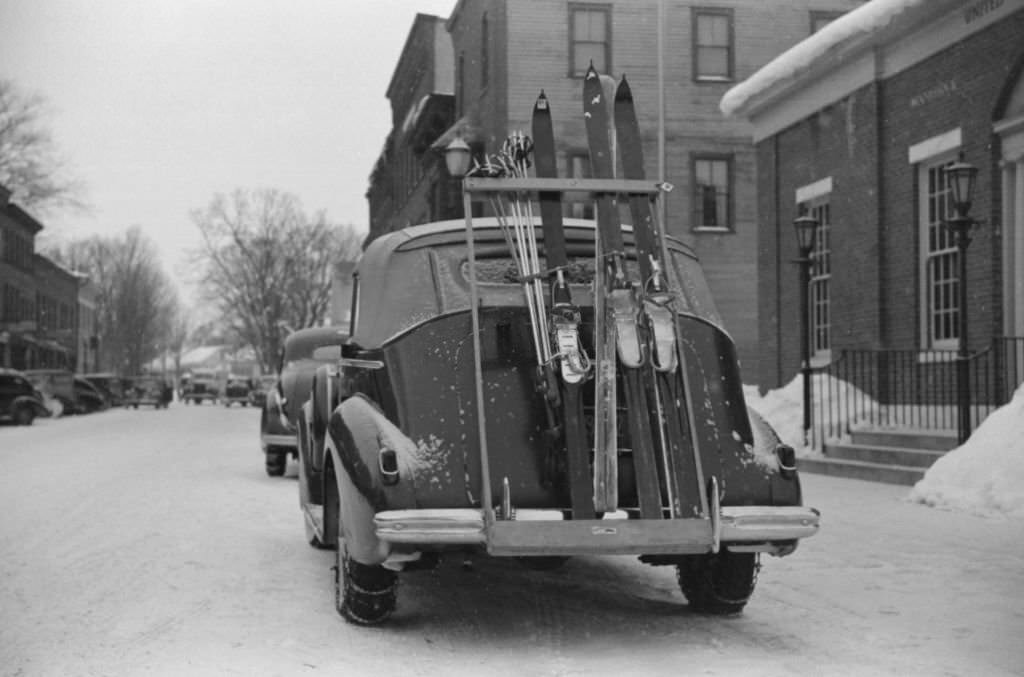 Skis on Ski Rack attached to Car Trunk, Woodstock, Vermont, March 1940