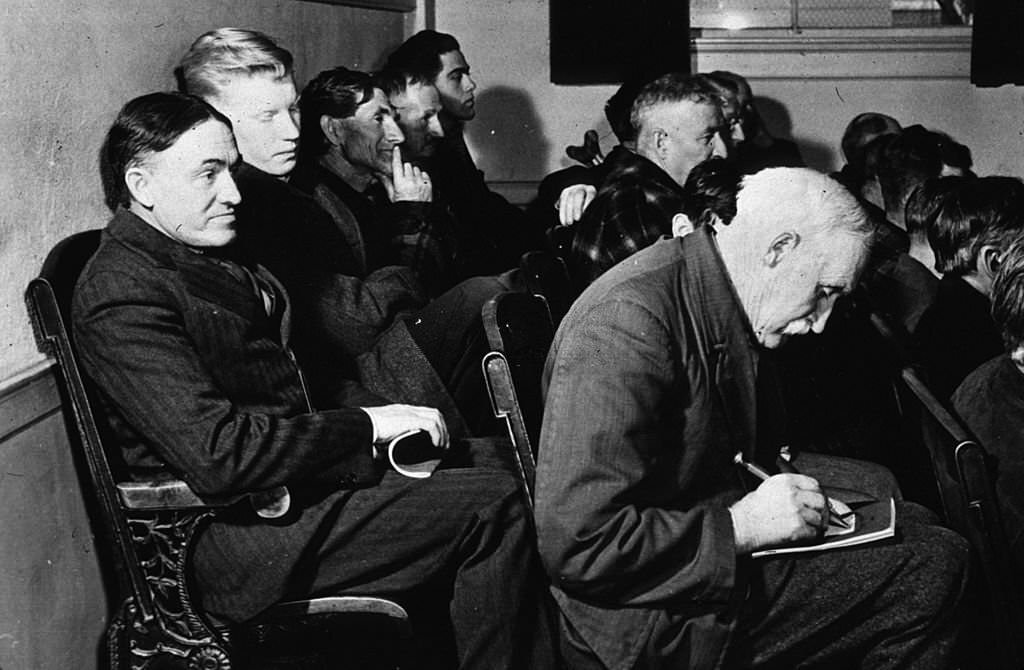 People at a town meeting in Woodstock, Vermont, voting on whether to ban intoxicating liquor from the town, March 1940