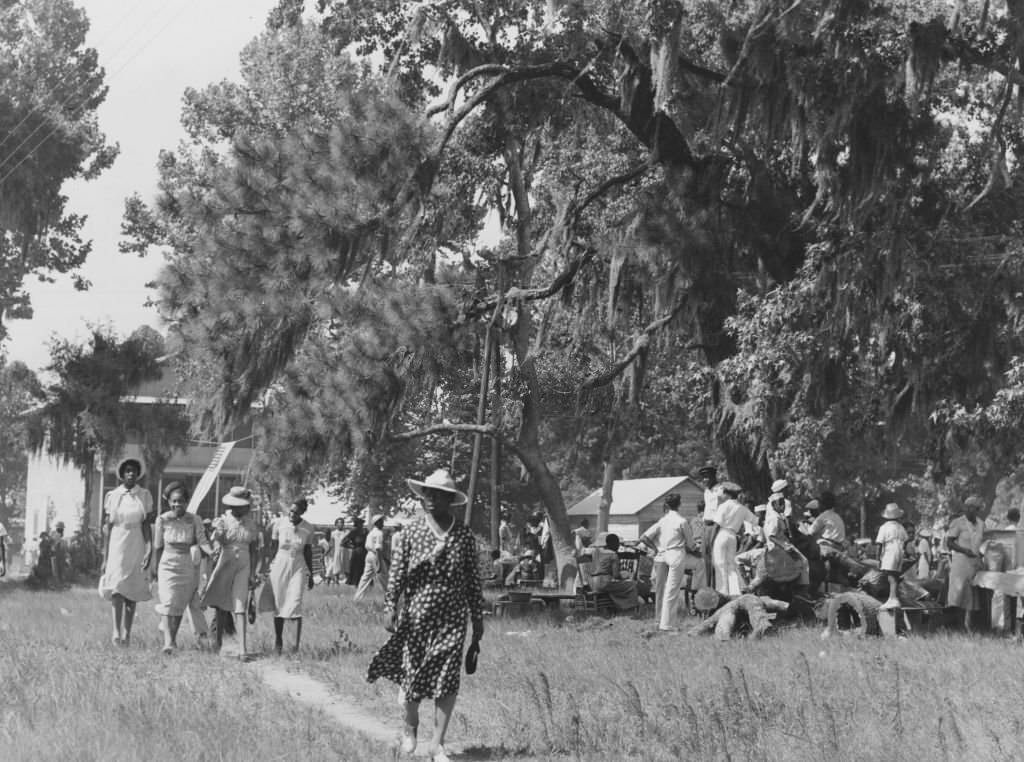 A group of African American men and women, enjoying themselves at a picnic or garden party; with a woman, wearing a large hat and a polka-dotted dress at party, 1939