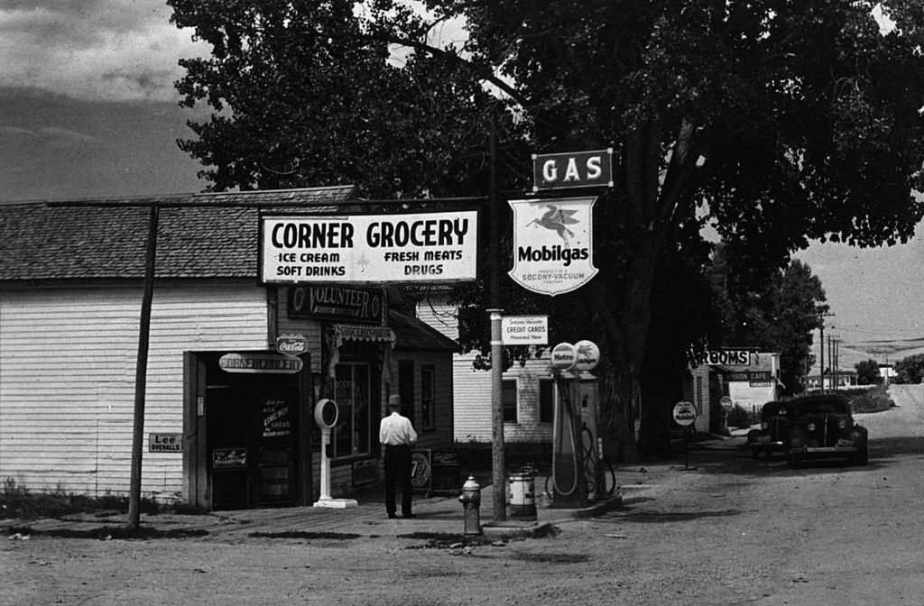 A grocery store on the main street of Ranchester in the Big Horn Mountains area of Wyoming, September 1941