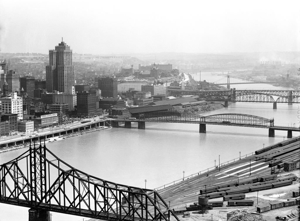 Bridges over Monongahela River with Cityscape in Background, Pittsburgh, Pennsylvania, August 1941