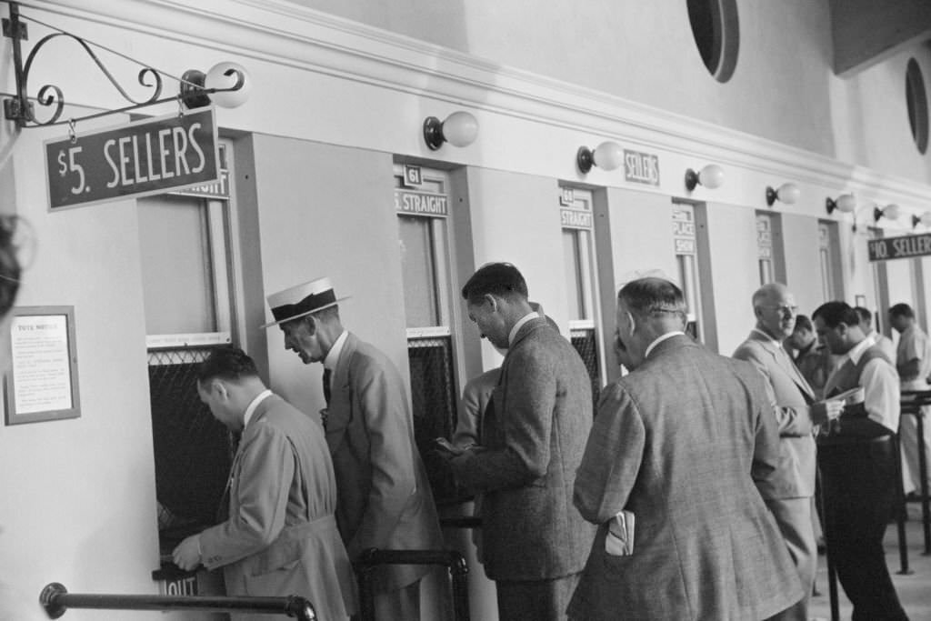 Group of Men Waging Bets on Horse Race at Betting Windows, Hialeah Park, Miami, Florida, 1939