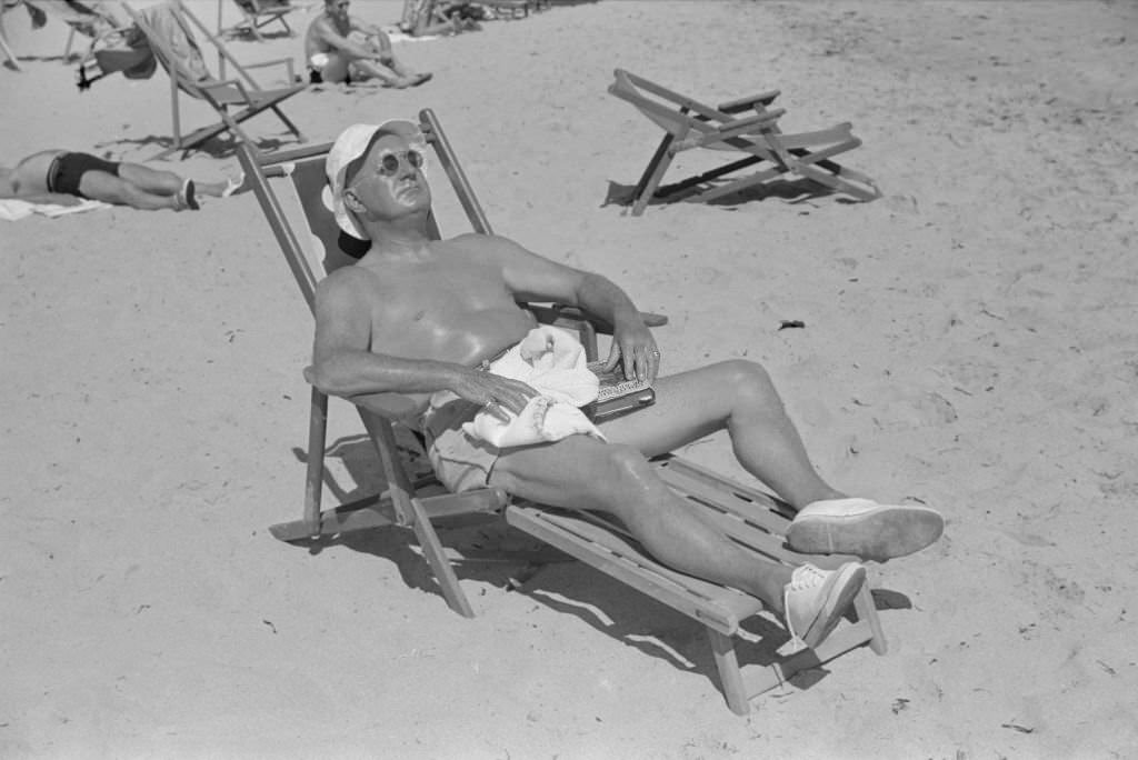 Man Sunbathing on Beach, Miami Beach, Florida, 1939