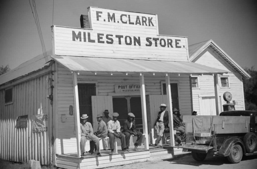 Tenant Farmers on Porch of Store and Post Office, Mileston, Mississippi, October 1939