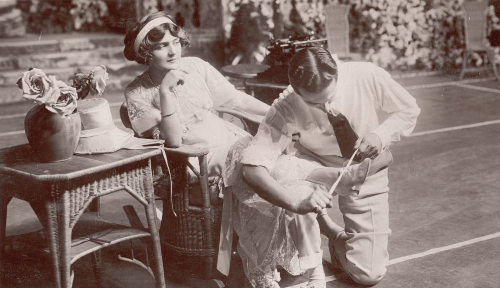 Lily Elsie as Alice and Robert Michaelis as Freddy Fairfax, in a scene from the musical play 'The Dollar Princess', 1909