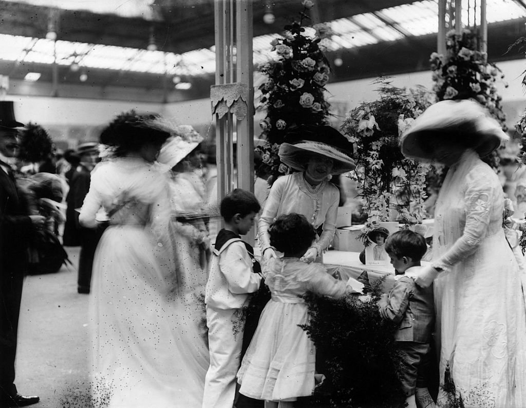 A stall at a Midsummer Fete at Olympia in aid of Great Ormond Street Children's Hospital being run by actress Miss Lily Elsie, 1909