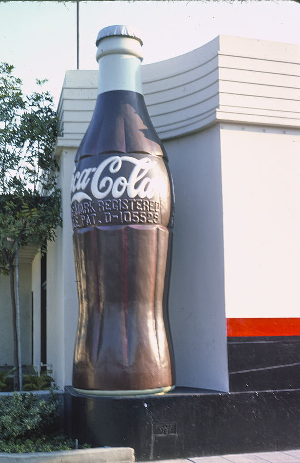 Coca Cola Bottling Company, giant Coke bottle closer view, 14th & Central Avenue, Los Angeles, California, 1977