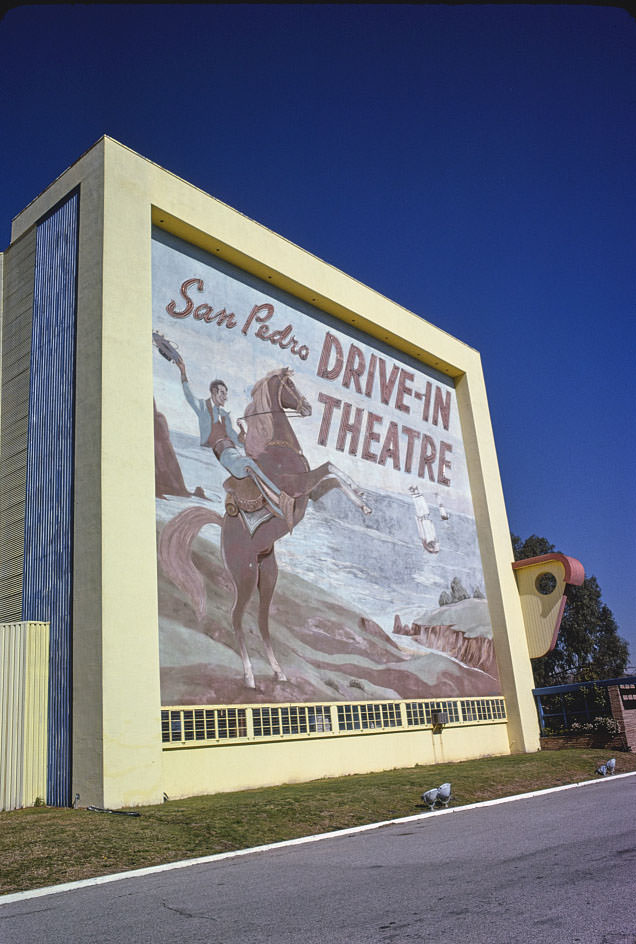 San Pedro Drive-In Theater, angle from left, Gaffey Street, San Pedro, Los Angeles, California, 1979