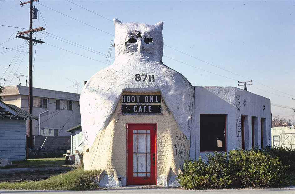 Hoot Owl Cafe, horizontal view, 8711 Long Beach Boulevard, Southgate, Los Angeles, California, 1977
