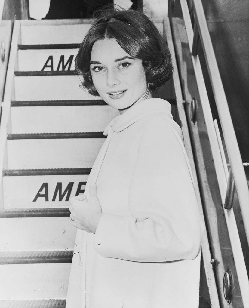 Audrey Hepburn Boarding American Airlines Airplane after the filming of 'Love in the Afternoon', 1957