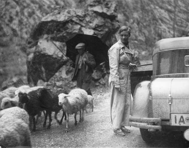 Annemarie Schwarzenbach with her car and a shepherd in the Pyrenees, 1933