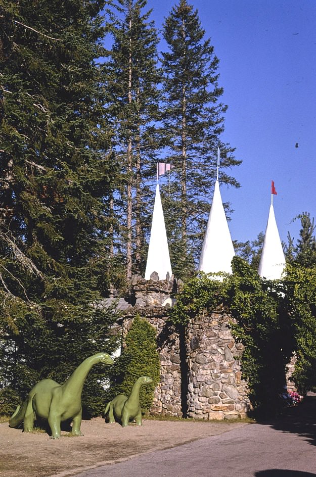 Dinosaur by castle, Santa's Village, Route 2, Jefferson, New Hampshire, 1991