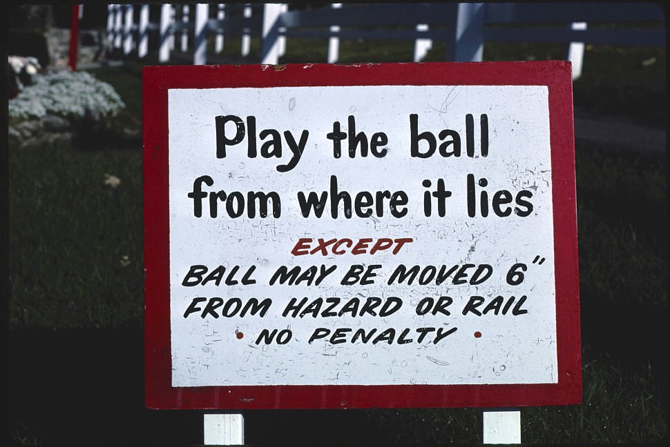 Play the ball sign, Funspot mini golf, Route 3, Weirs Beach, New Hampshire, 1983