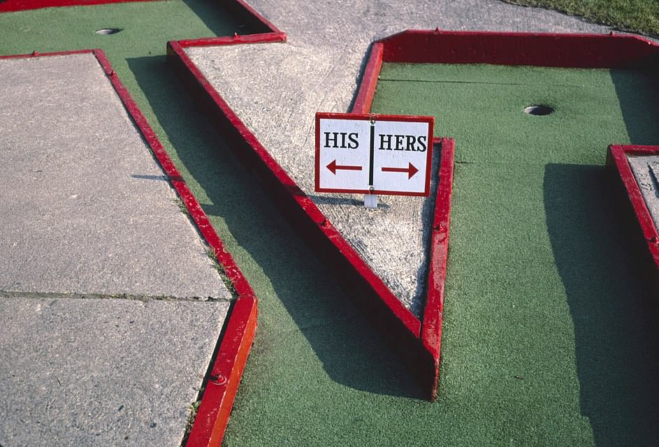 His-hers sign, Funspot mini golf, Route 3, Weirs Beach, New Hampshire, 1987