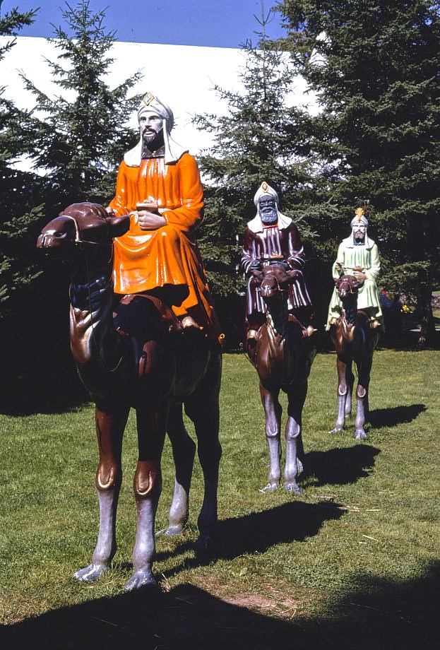 Three kings nativity scene, Santa's Village, Route 2, Jefferson, New Hampshire, 1981