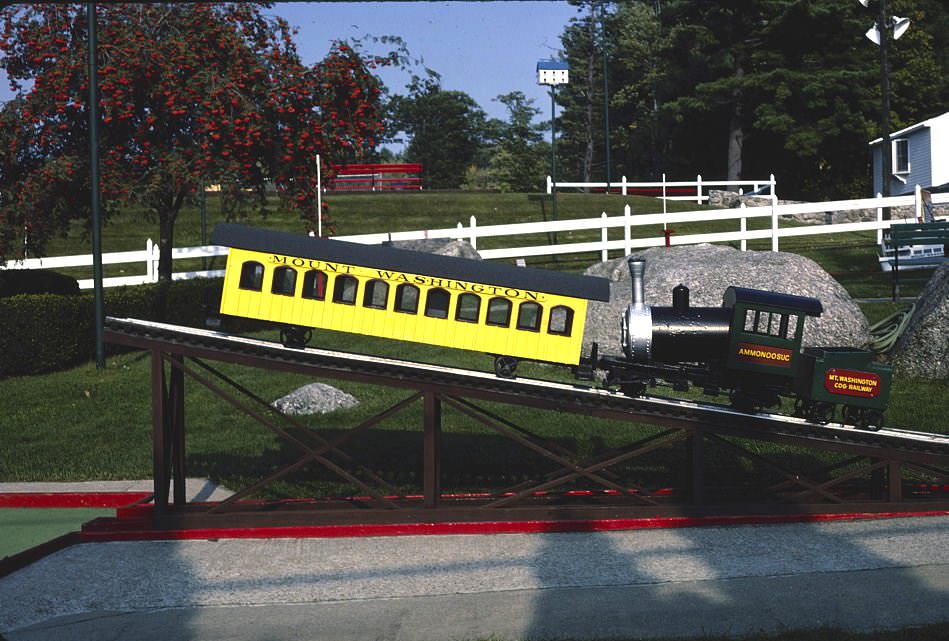Cog railway, Funspot mini golf, Route 3, Weirs Beach, New Hampshire, 1982