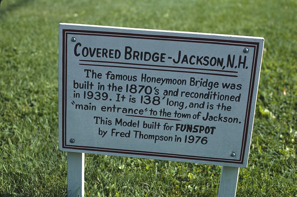 Covered bridge sign, Funspot mini golf, Route 3, Weirs Beach, New Hampshire, 1981