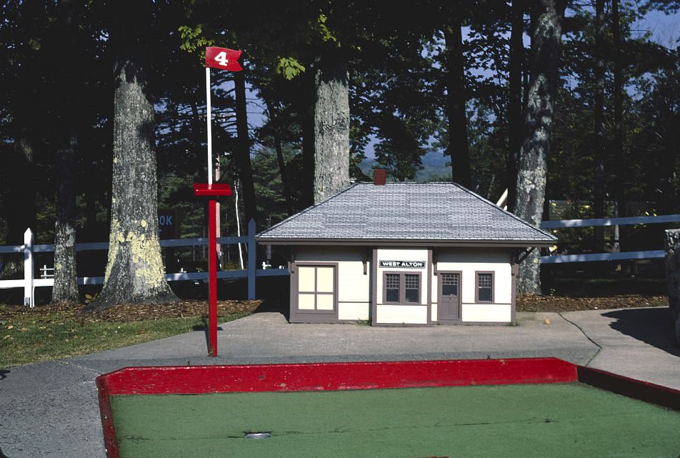 West Alton Railroad Station, Funspot mini golf, Route 3, Weirs Beach, New Hampshire, 1982