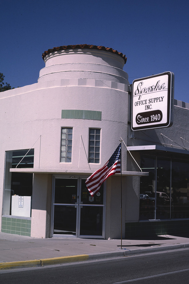 Sparks Office Supply Co. entrance, Canal & Shaw, Carlsbad, New Mexico, 1993
