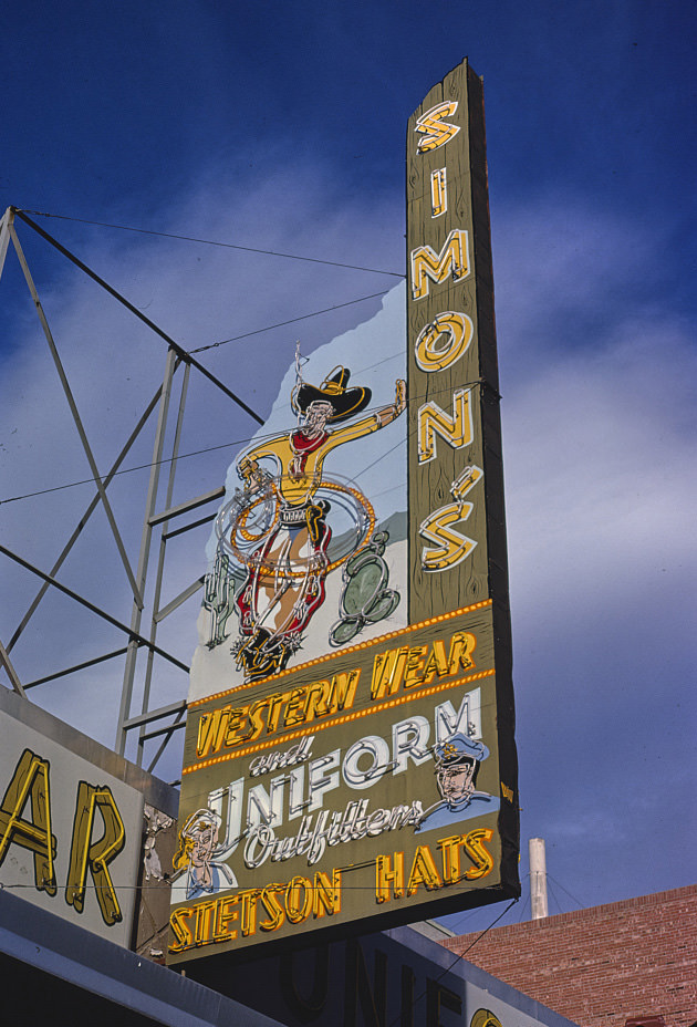 Simon's Western Wear sign, Central Avenue, Albuquerque, New Mexico, 1984