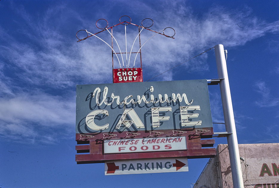 Uranium Cafe Chinese sign, Route 66, Grants, New Mexico, 1983