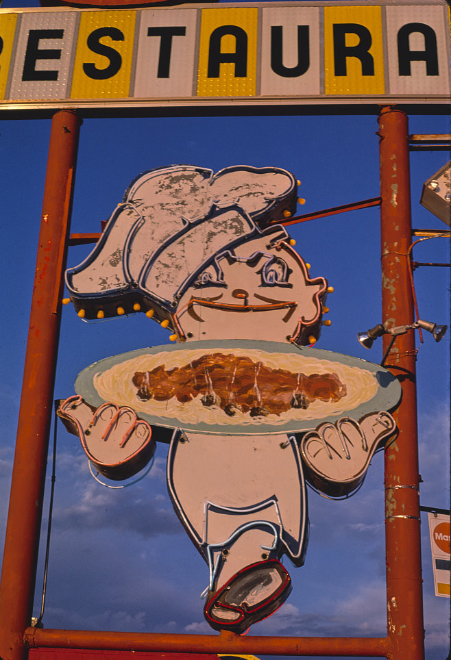 Dean's Restaurant sign, chef detail, B-40 (Route 66), Tucumcari, New Mexico, 1987