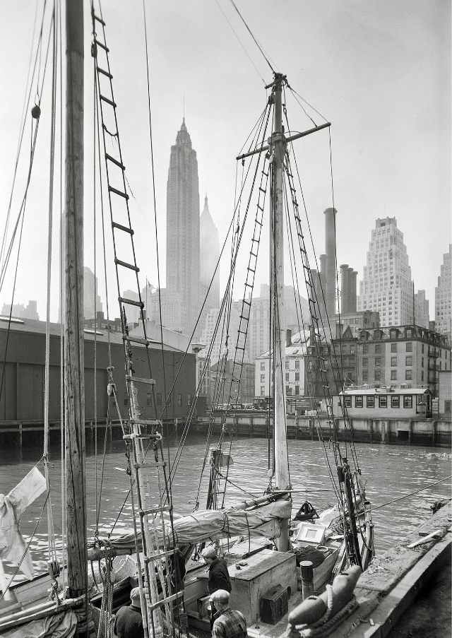Fishing boat at Fulton Market Pier, New York City, April 11, 1933