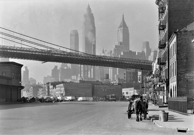 Looking down South Street in New York City, November 1933