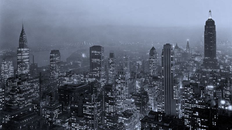 Midtown Manhattan skyline, night view from RCA Building, New York City, circa 1933
