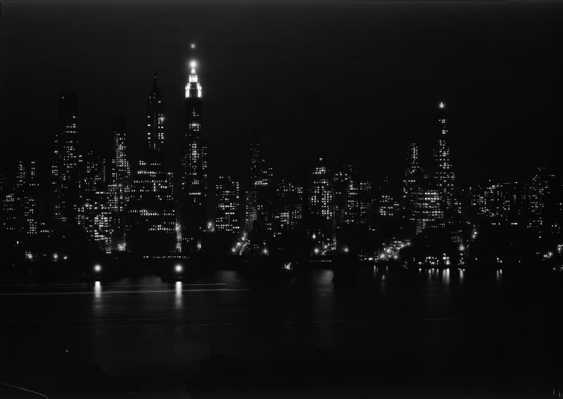 Night view of New York City from St. George Hotel to financial district, January 6, 1933