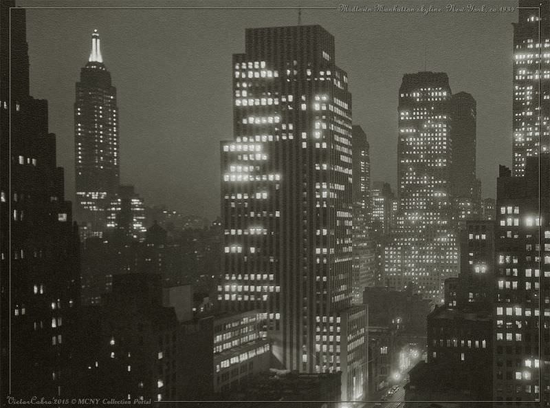 Midtown Manhattan, New York at night, circa 1934