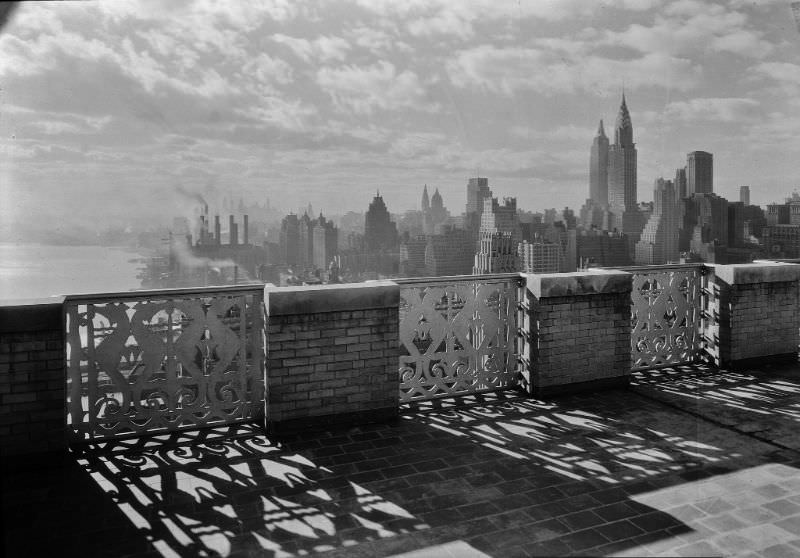 View from the parapet on the 27th floor of the River House at 52nd St. and E. River, New York City, December 1931