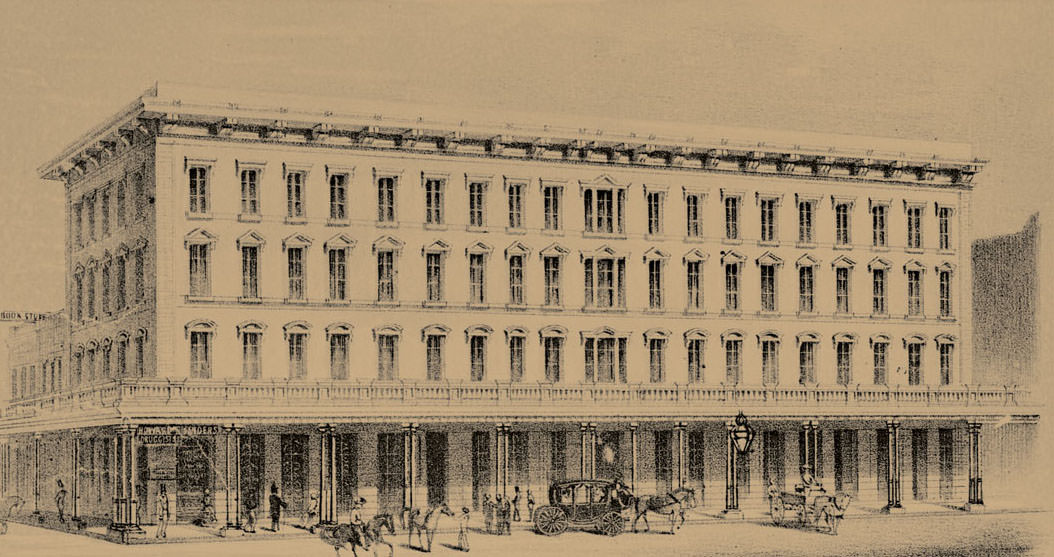 A Birds-eye view of Sacramento Capitol of the State of California.Carriage and wagon in street in front building, 1857