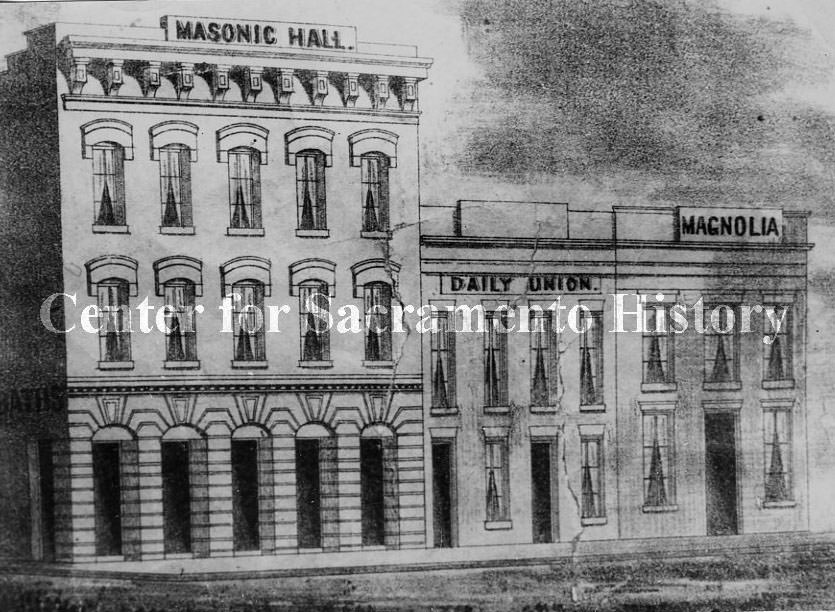 Exterior view of the Masonic Hall on J Street between Front and Second Streets. This was the second home of the lodge in Sacramento, 1850