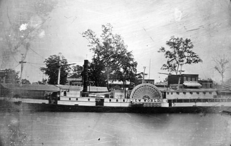 Steamboat "New World" docked on the Sacramento River in Sacramento from the Yolo County side, 1850