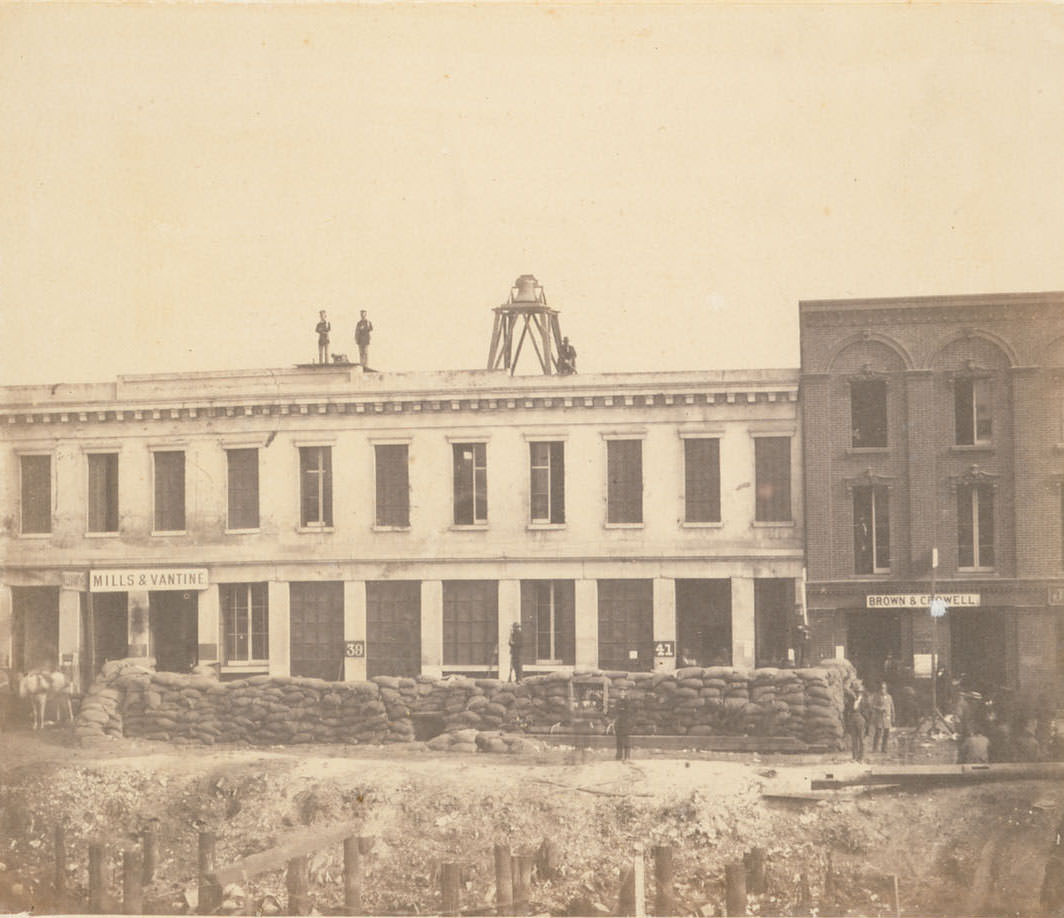 Fort Vigilance (or "Fort Gunnybags"), the headquarters of San Francisco's second Vigilance Committee, on Sacramento Street between Davis and Front Streets, 1856