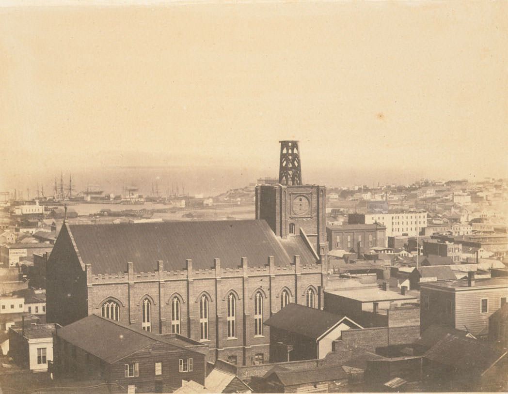 View over the City, containing the portions between California and Bush streets. May 1855