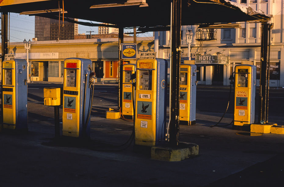 Golden Eagle gas pumps, 8th & Market Streets, San Diego, 1977