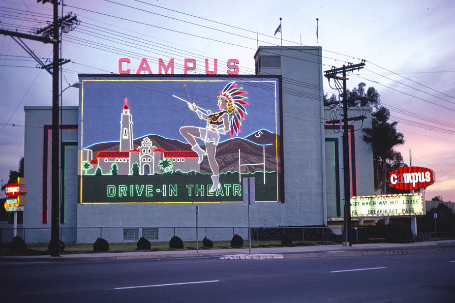 Campus Drive-In Theater, closer view with neon, El Cajon Boulevard, San Diego, California, 1979