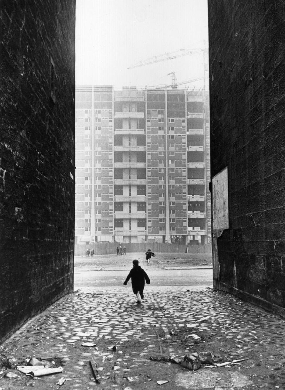 A high-rise block of flats under construction in the Gorbals area of Glasgow, 1960