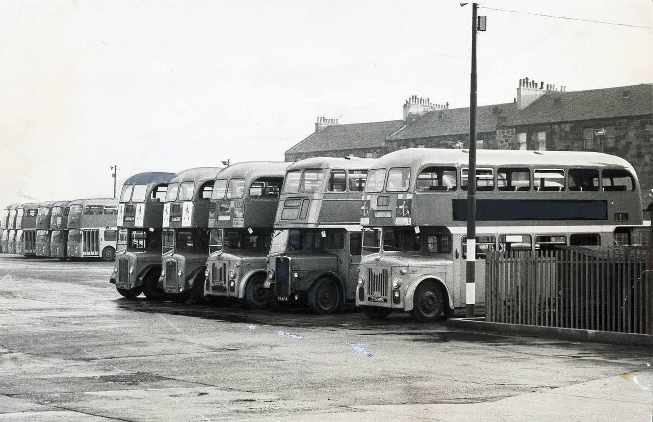 Bus depot, Glasgow, 1960s.