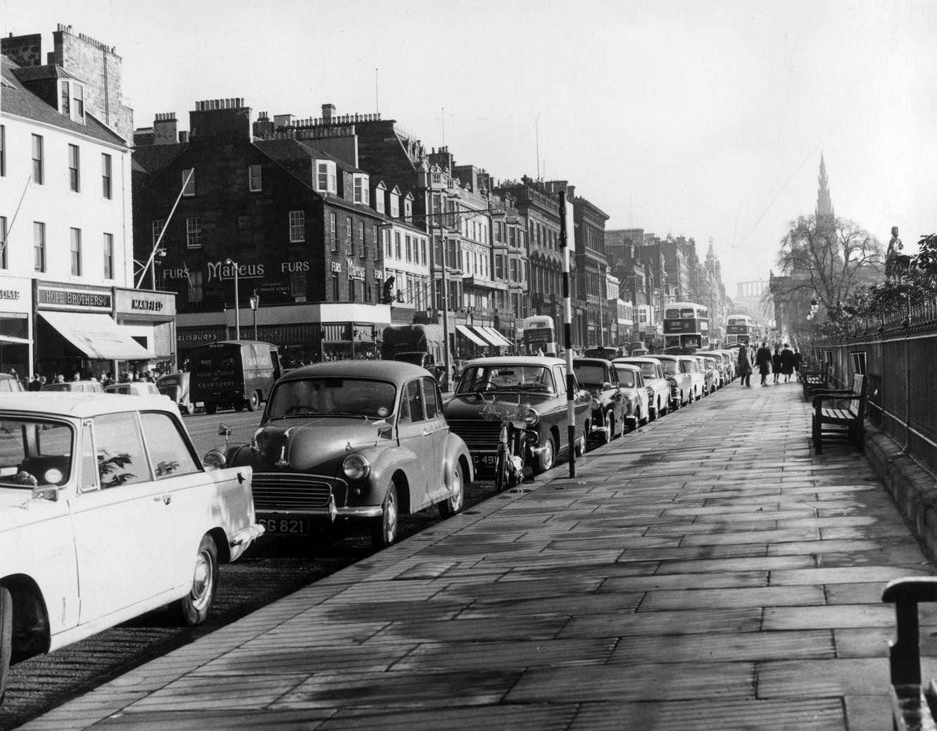 Princes Street, Edinburgh with cars parked at the kerbside, 1963