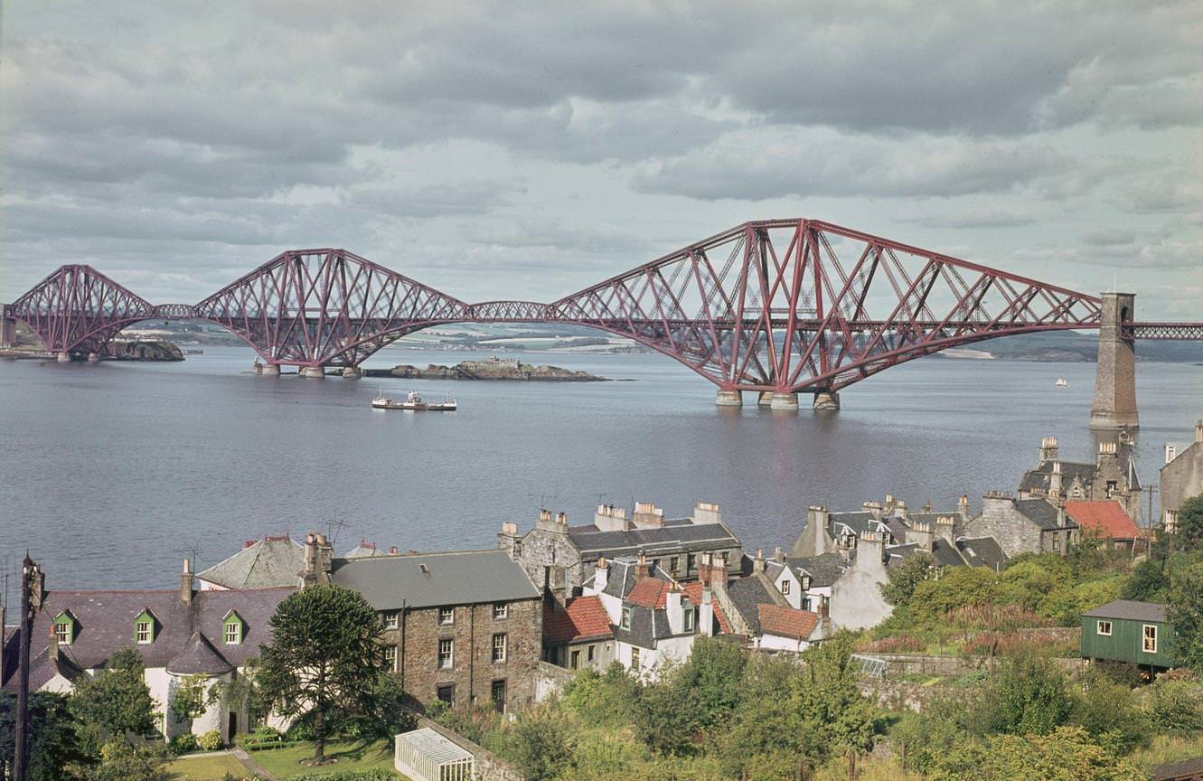Looking north from South Queensferry of the Forth Bridge, a cantilever railway bridge crossing the Firth of Forth, near Edinburgh in Scotland, 1965.