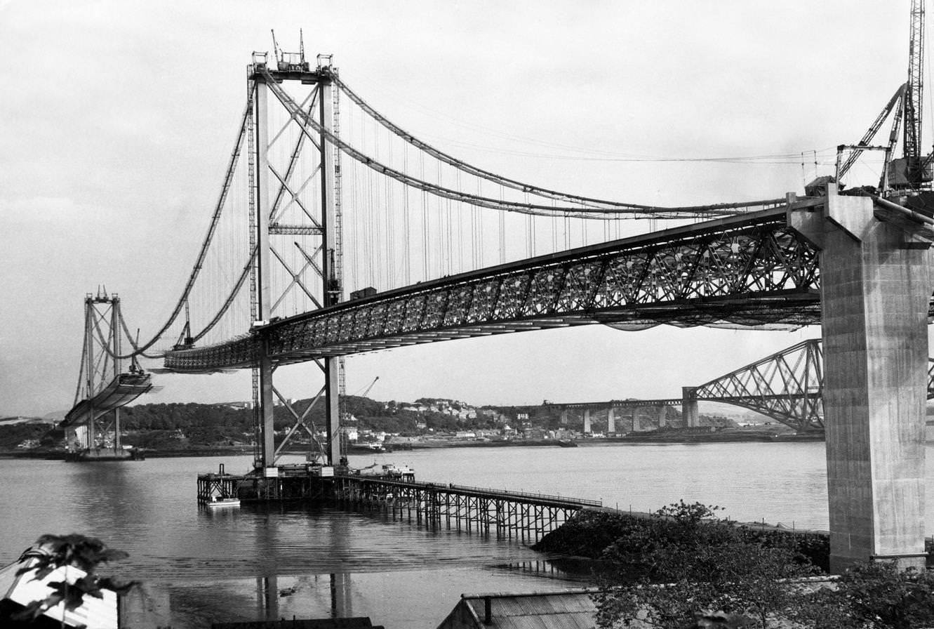 The Forth Road bridge from South Queensferry to North Queensferry, during construction, 1964
