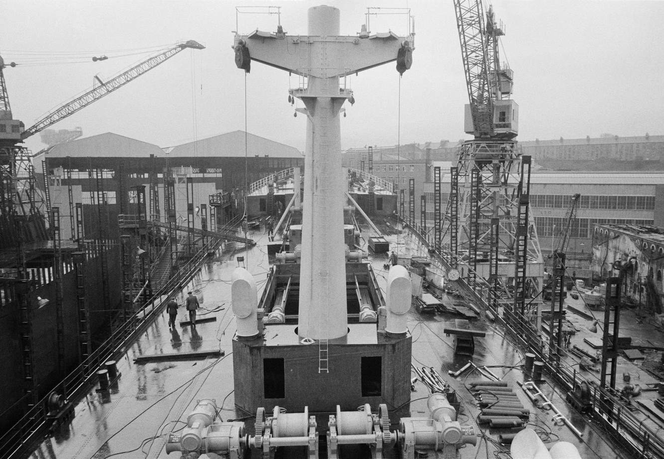 A vessel under construction at a shipyard in Greenock on the Clyde, Scotland, 1963.