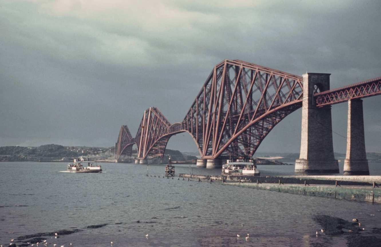 View looking north from South Queensferry of the Forth Bridge, a cantilever railway bridge crossing the Firth of Forth, near Edinburgh in Scotland, 1960.